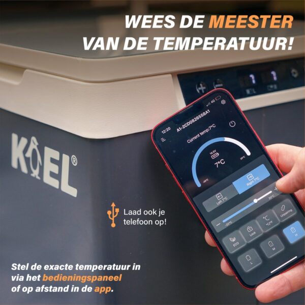 Smartphone regelt koelkasttemperatuur via app.