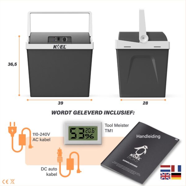 Koelbox met kabels, thermometer, en handleiding inbegrepen.