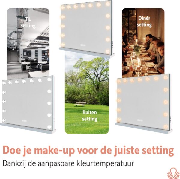 Make-up spiegel met instelbare kleurtinten voor elke setting.