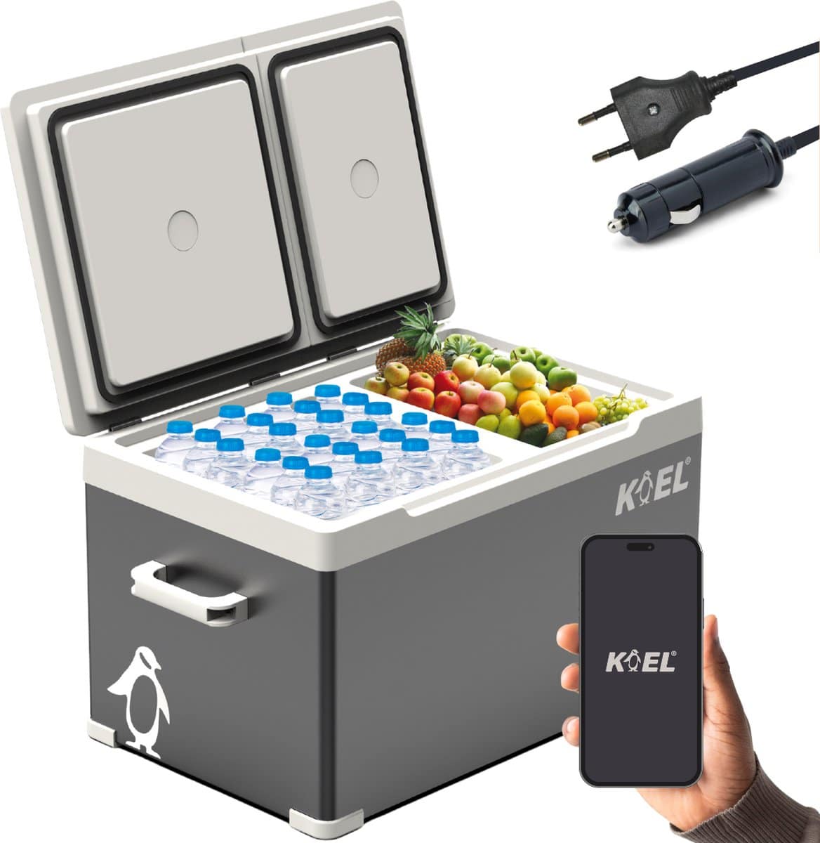 Elektrische koelbox met fruit en waterflesjes.