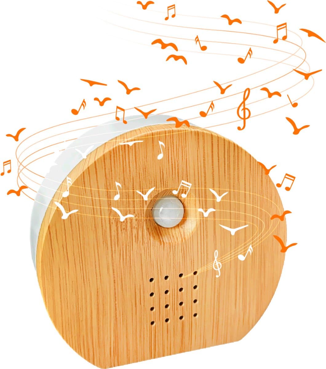 Houten muziekapparaat met muzikale noten en vogels
