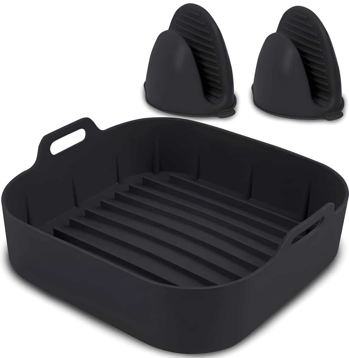 Zwarte siliconen grillbak met handvat en houder.