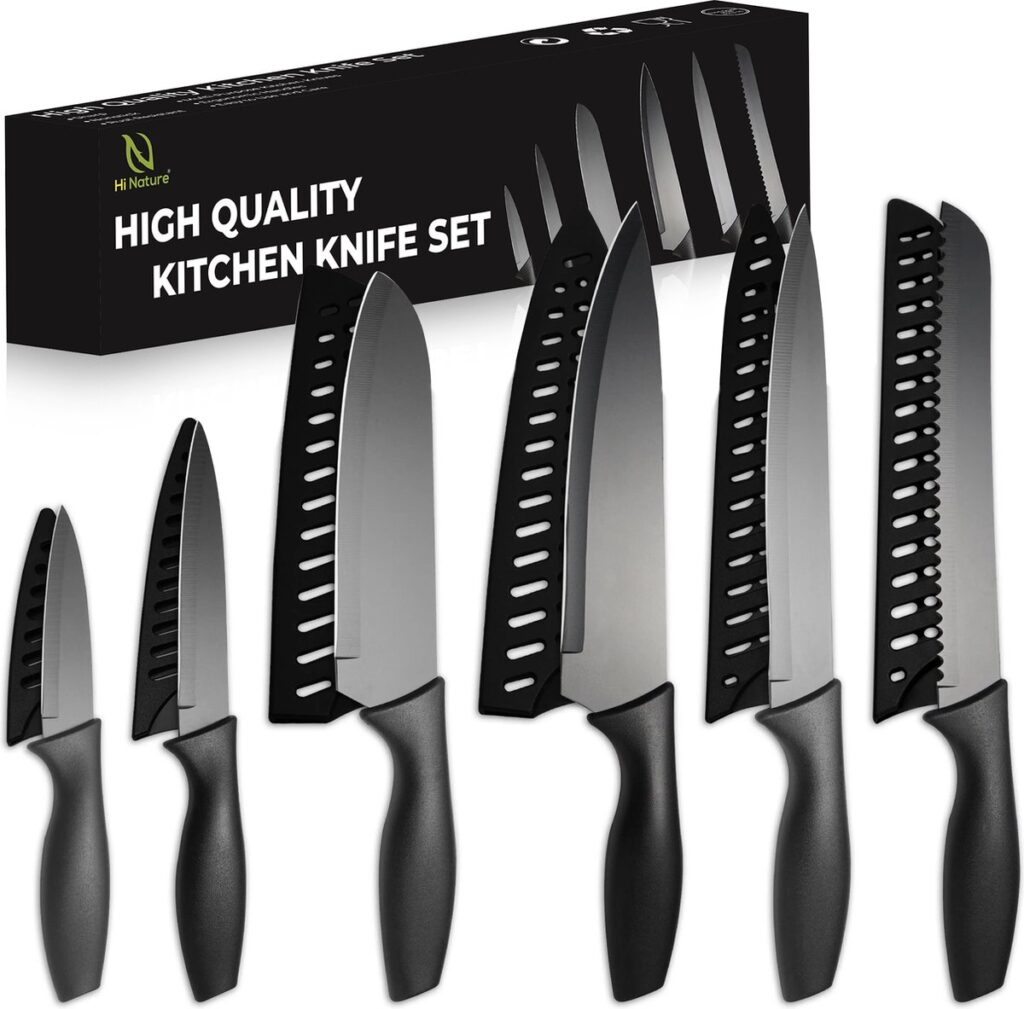 Zesdelige hoogwaardige keukenmessenset met zwarte handgrepen.