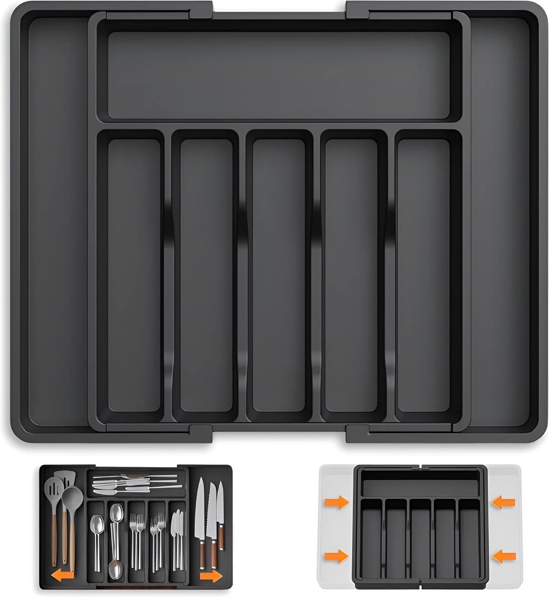 Uitschuifbare bestekbak met messen en bestek.