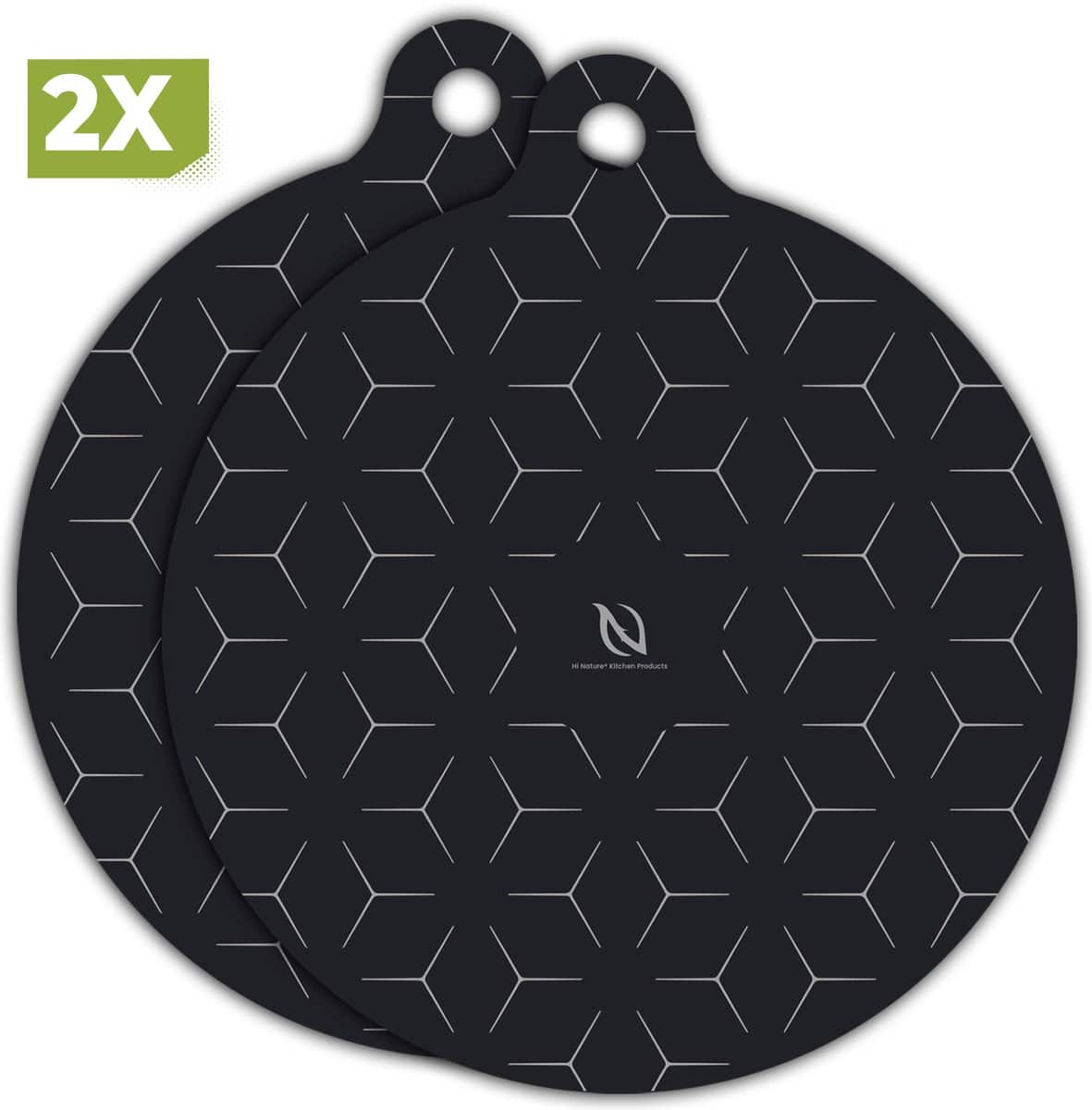 Twee ronde zwarte onderzetters met geometrisch patroon.