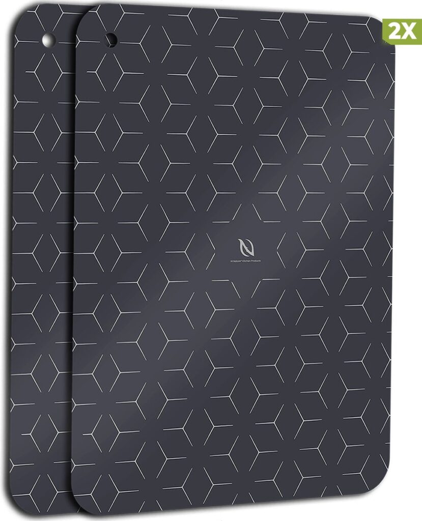 Twee zwarte inductiekookplaatbeschermers met patroon