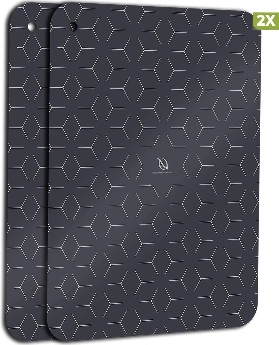 Twee zwarte inductiekookplaatbeschermers met patroon