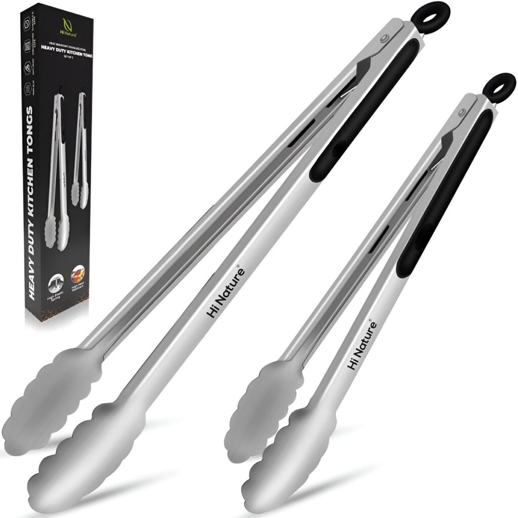 Roestvrijstalen keukentangen met verpakking.