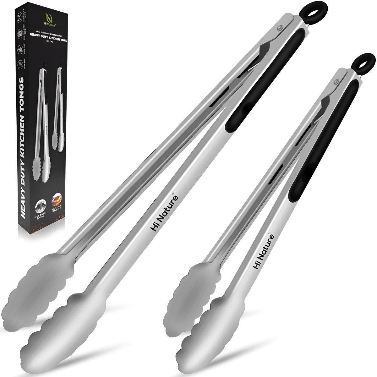 Roestvrijstalen keukentangen met verpakking.