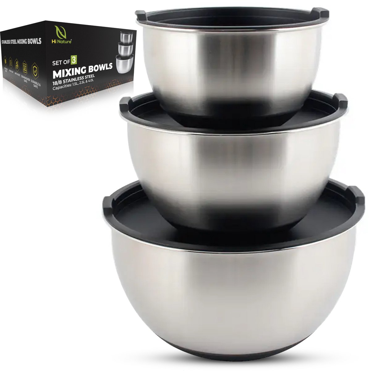 Set van drie roestvrijstalen mengkommen met deksels.