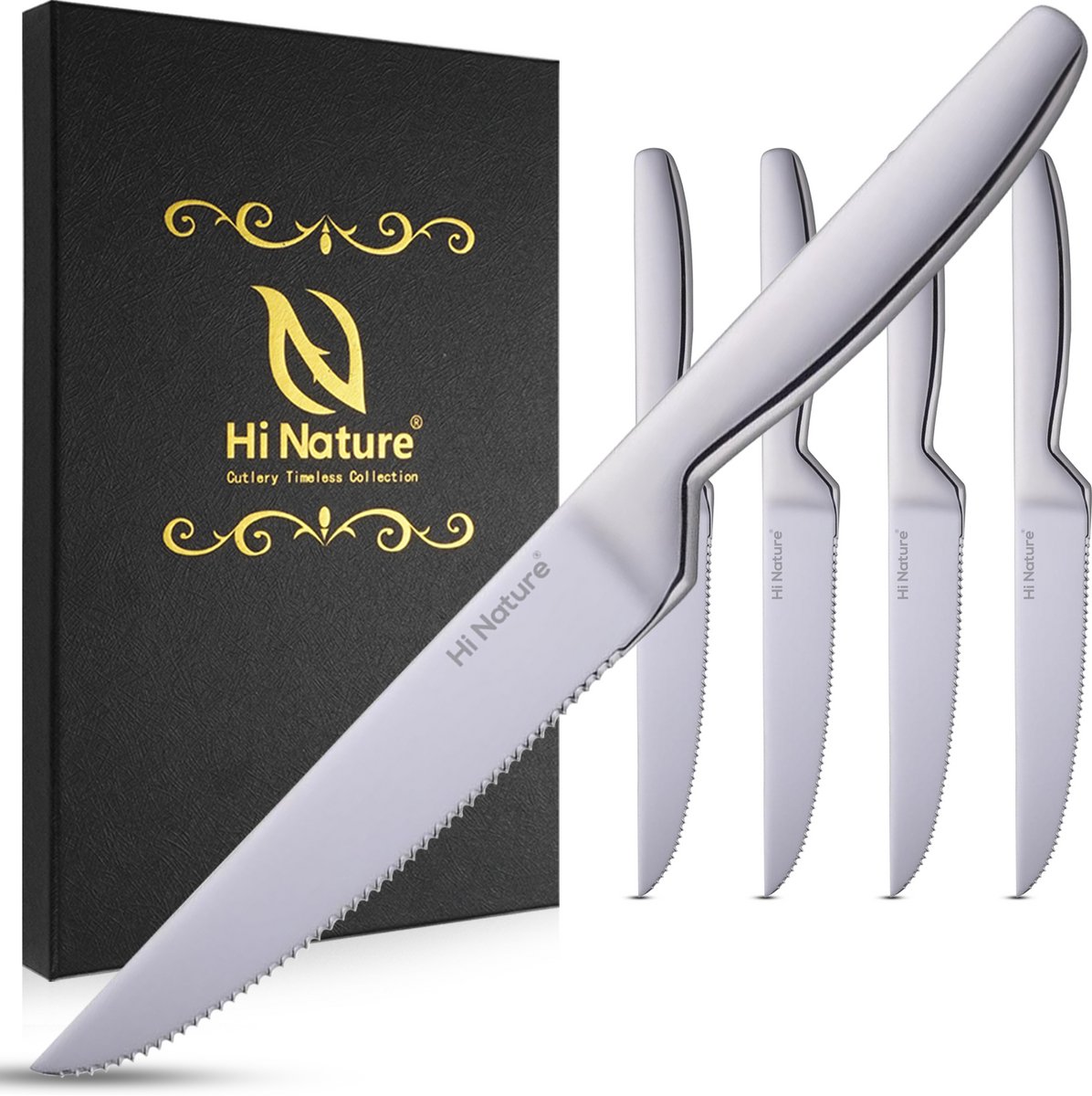 Set van vier roestvrijstalen steakmessen met doos