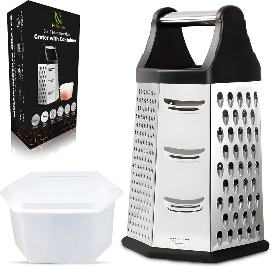 Keukenrasp met opbergdoos en verpakking.