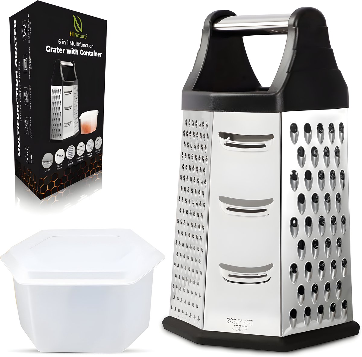 Keukenrasp met opbergdoos en verpakking.