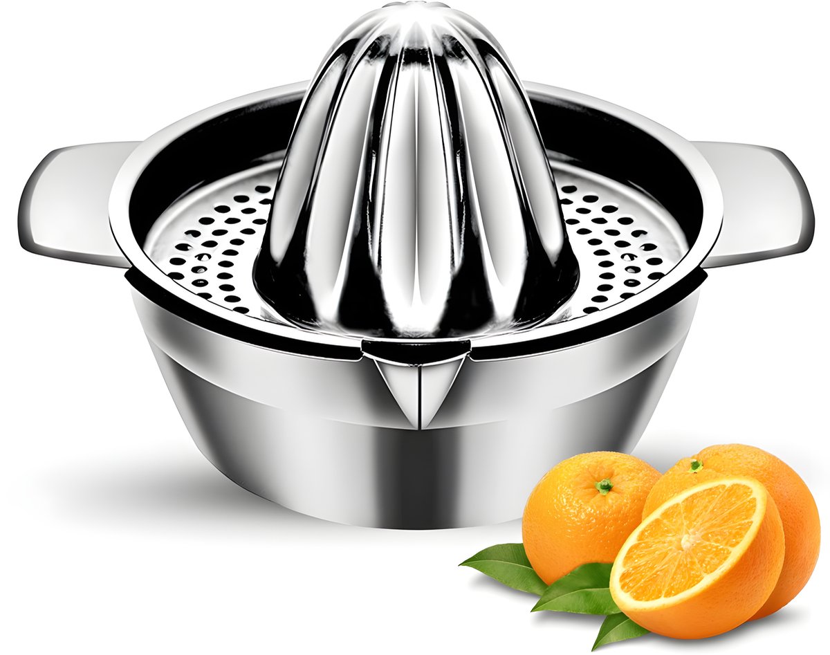 Roestvrijstalen citruspers met verse sinaasappels ervoor.