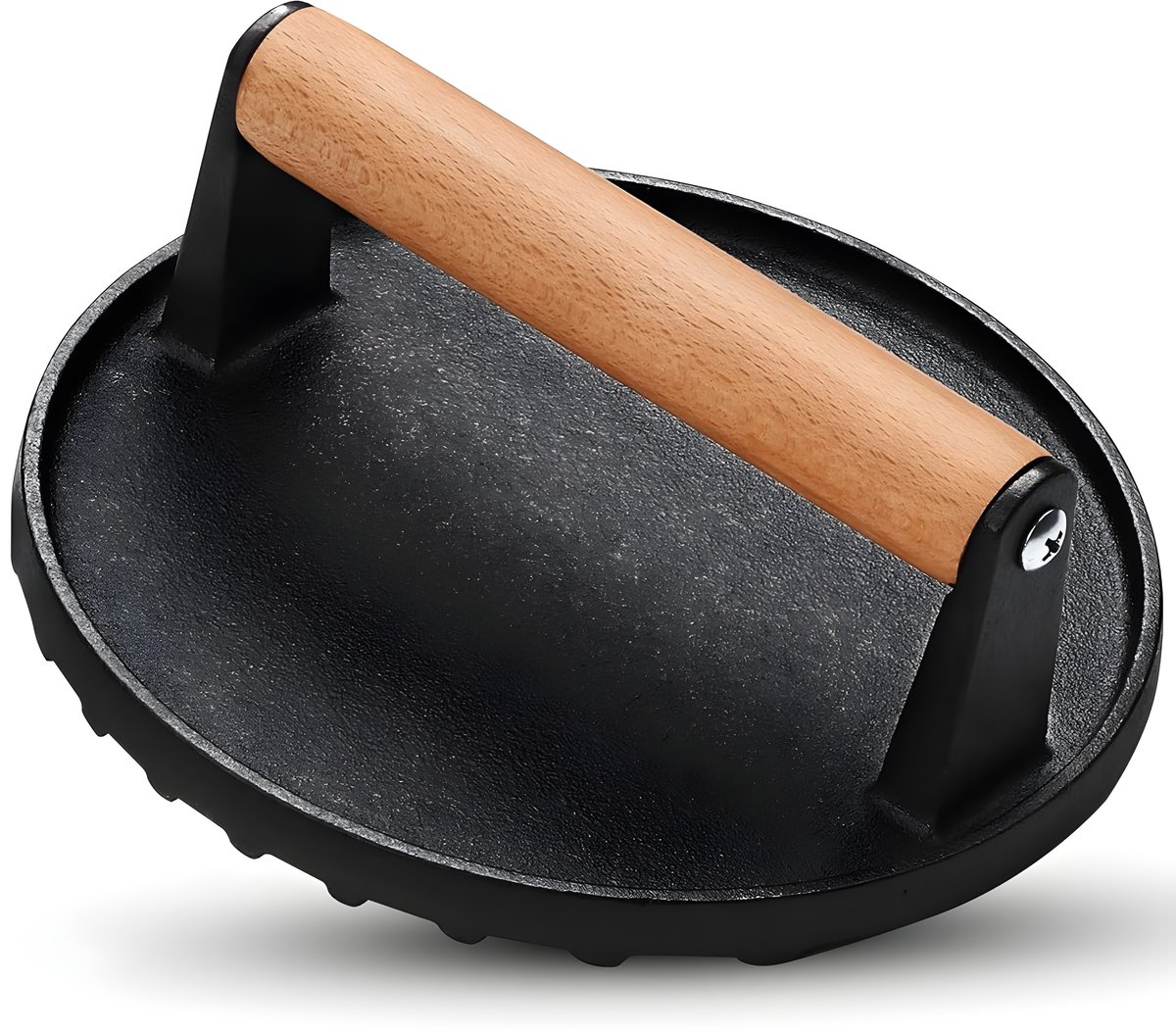 Ronde gietijzeren grillpers met houten handvat