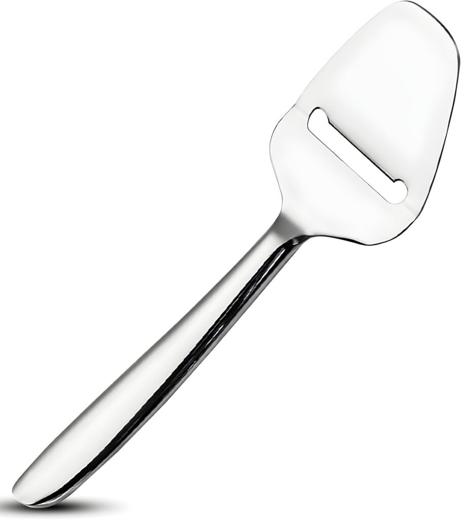 Stainless steel cheese slicer on a white background