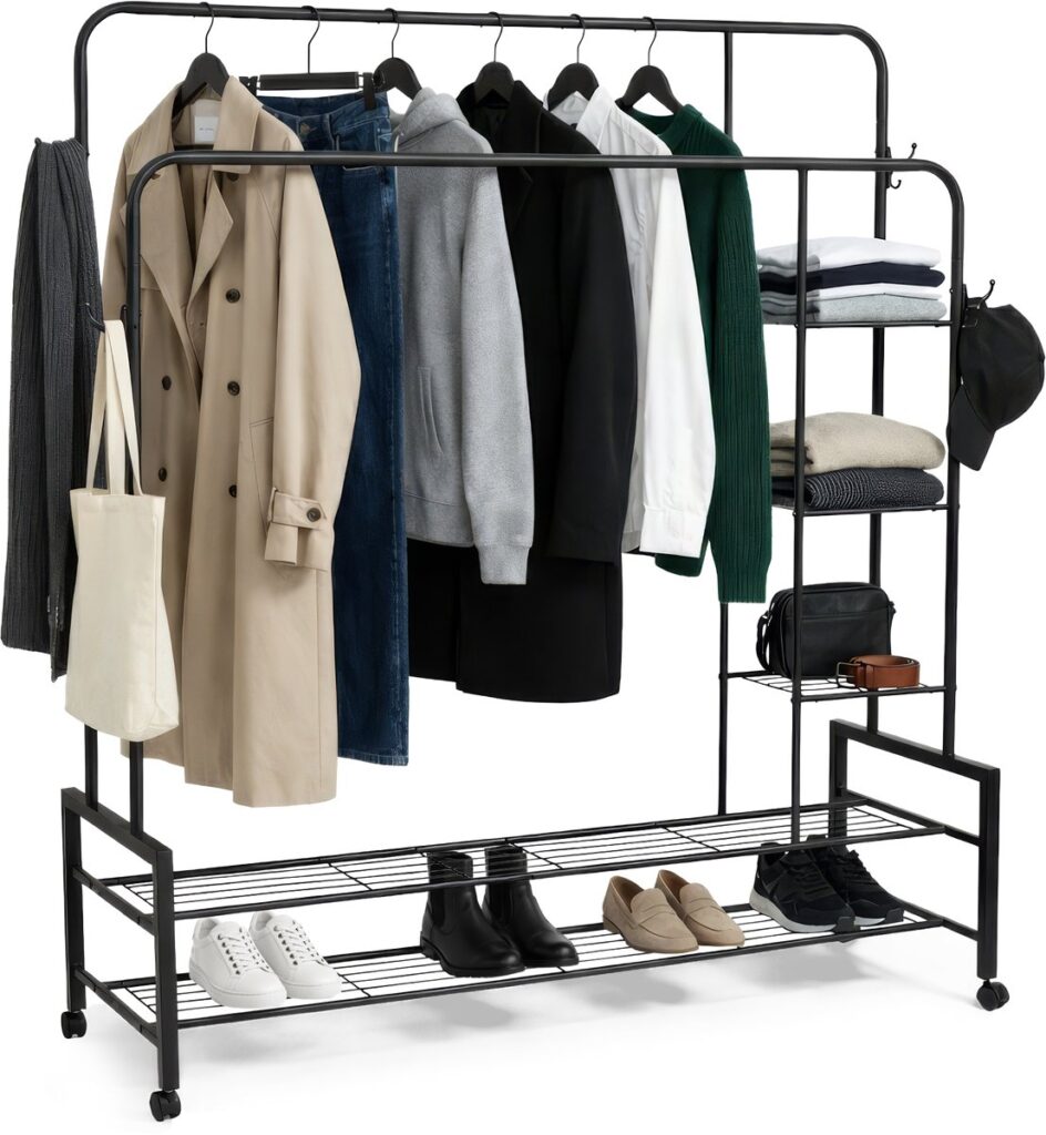 Clothes rack with hanging clothes and stacked shoes.