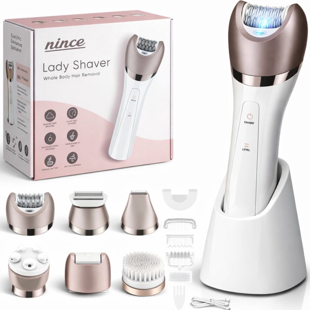 Elektrische ladyshaver met opzetstukken en oplaadstation