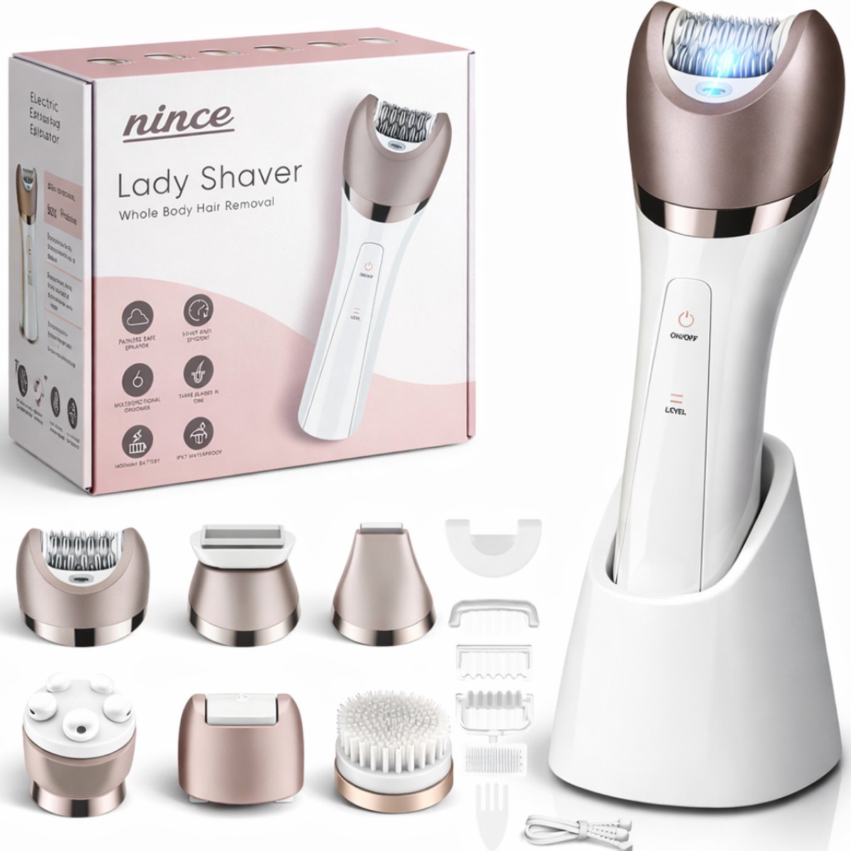Elektrische ladyshaver met opzetstukken en oplaadstation