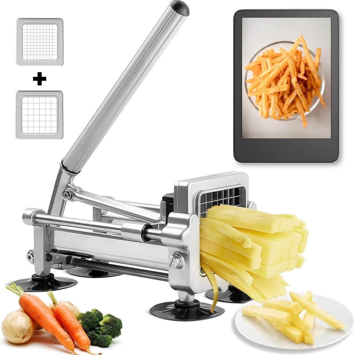 RVS frietsnijder met verwisselbare roosters voor groenten.