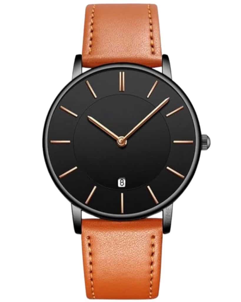 Zwart horloge met bruine leren band