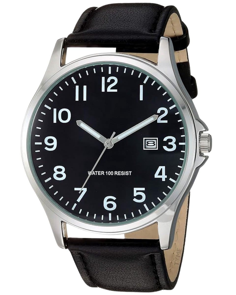Klassiek analoog horloge met zwarte leren band.