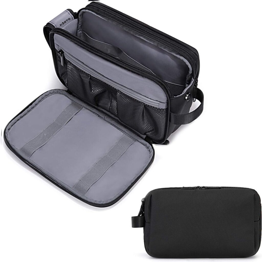 Black toiletry bag with multiple compartments and a zipper