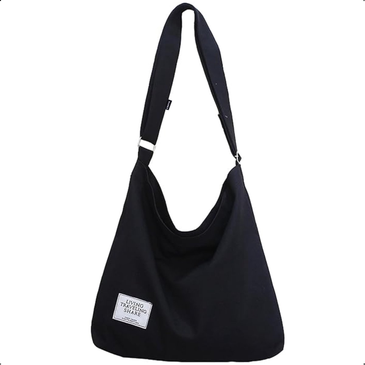 Zwarte schoudertas met tekstlabel onderaan links