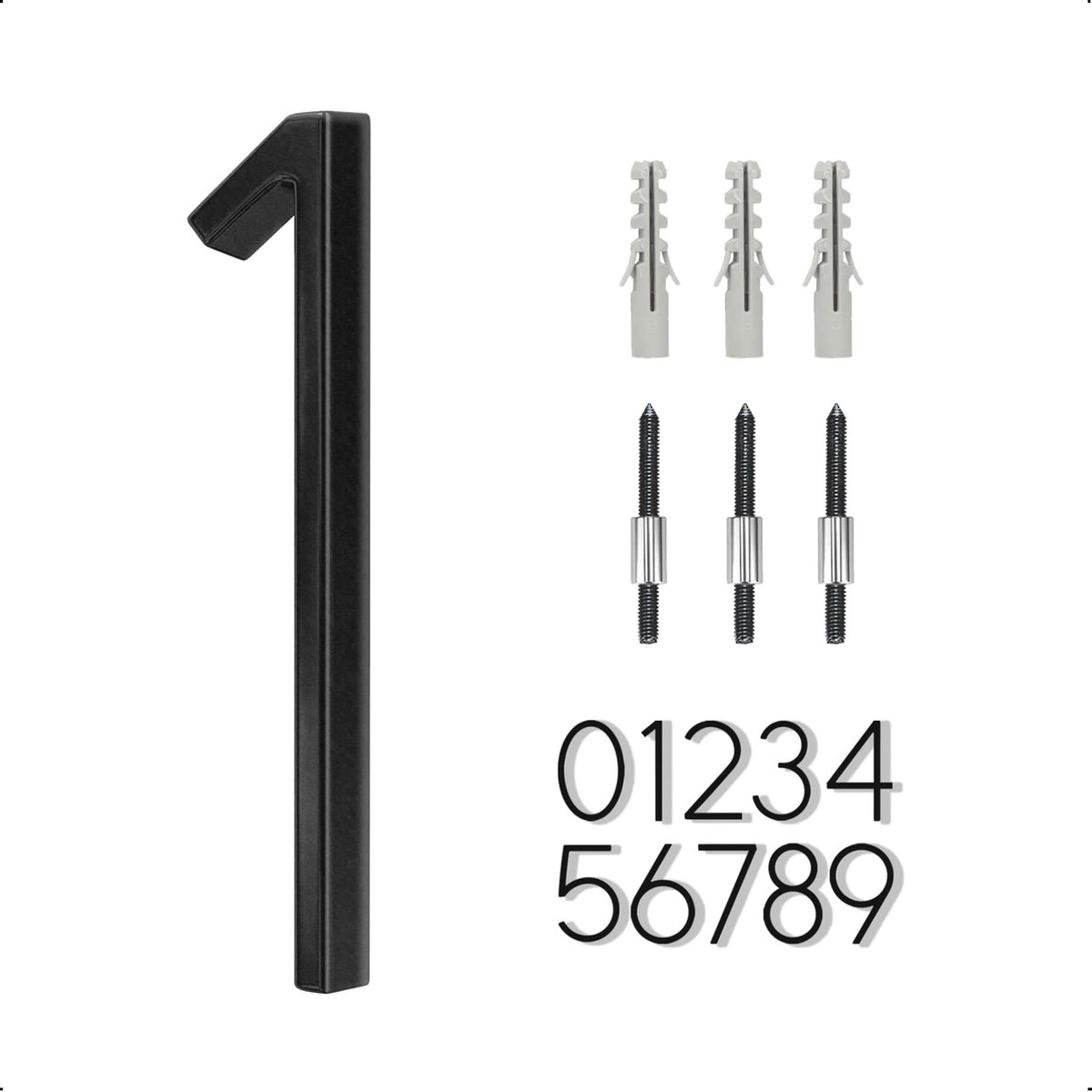 Zwarte huisnummer drie met montageaccessoires