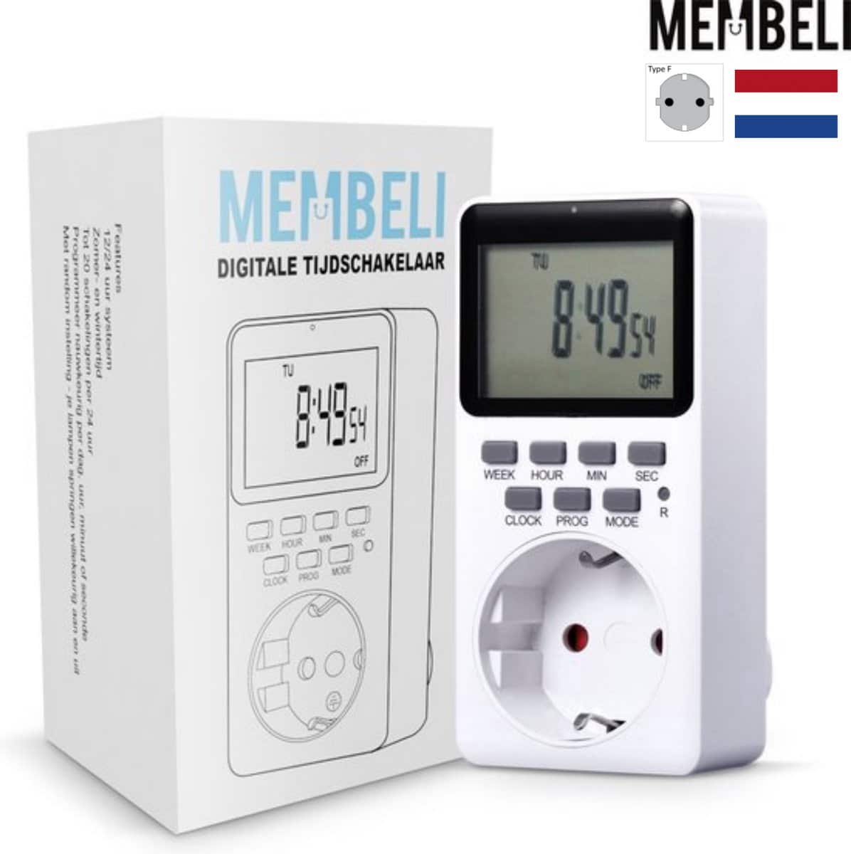 Digitale tijdschakelaar met scherm en verpakking.