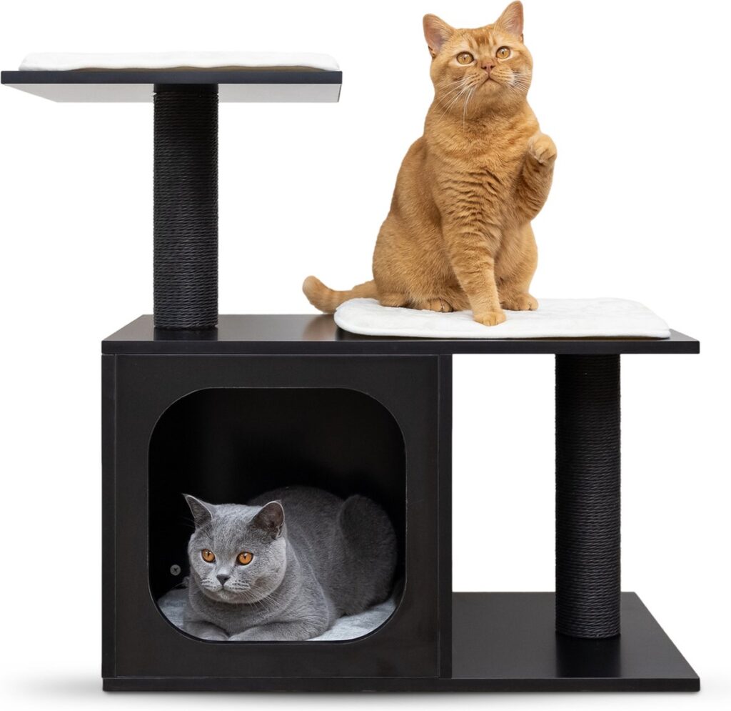 Two cats on a black scratching post with a resting spot