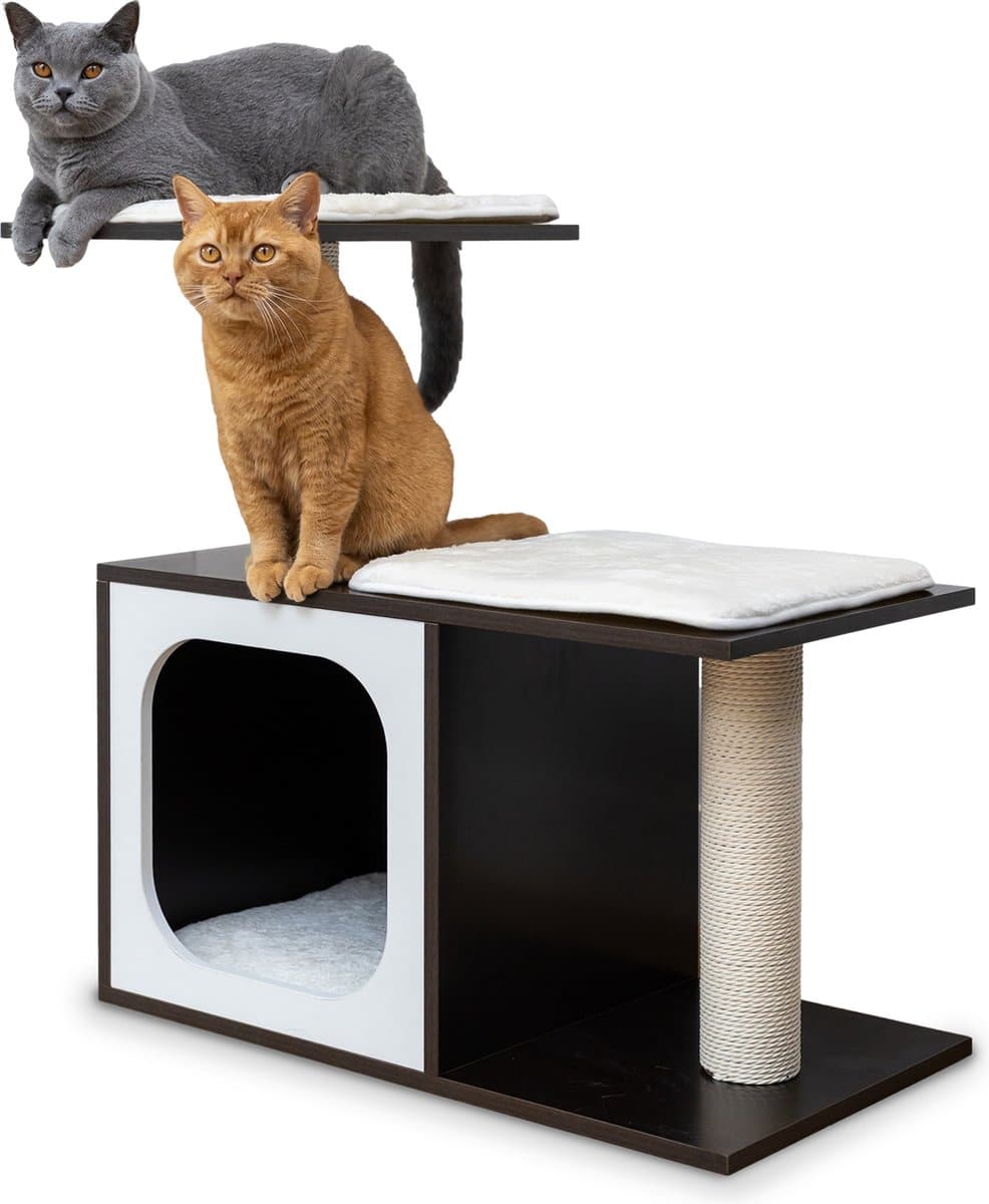 Twee katten op een modern kattenspeelmeubel