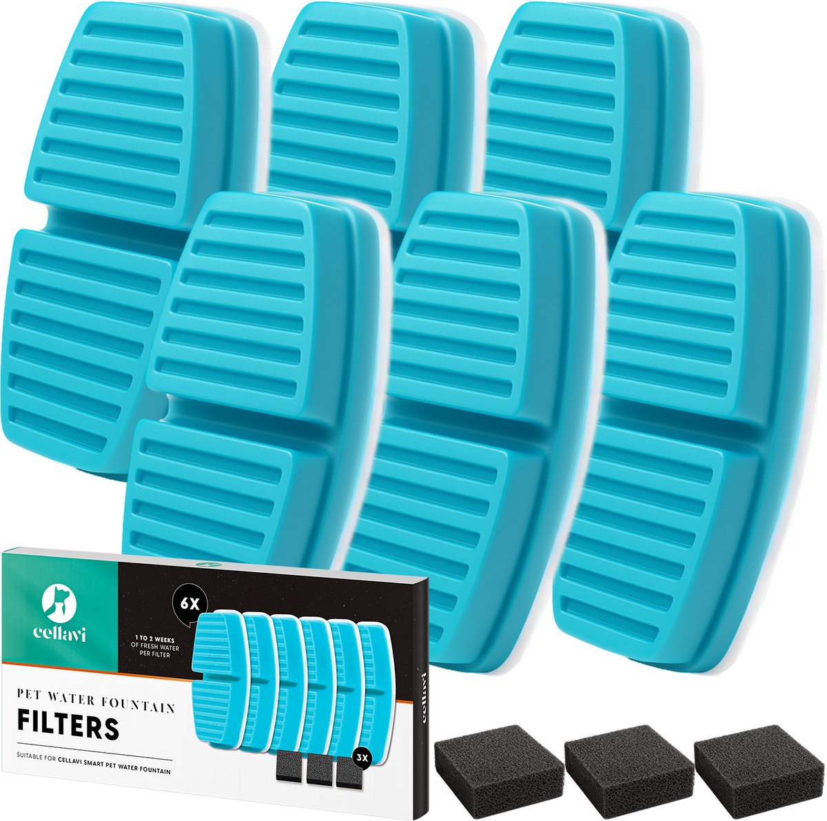 Blue filters for pet water fountain, set of six.