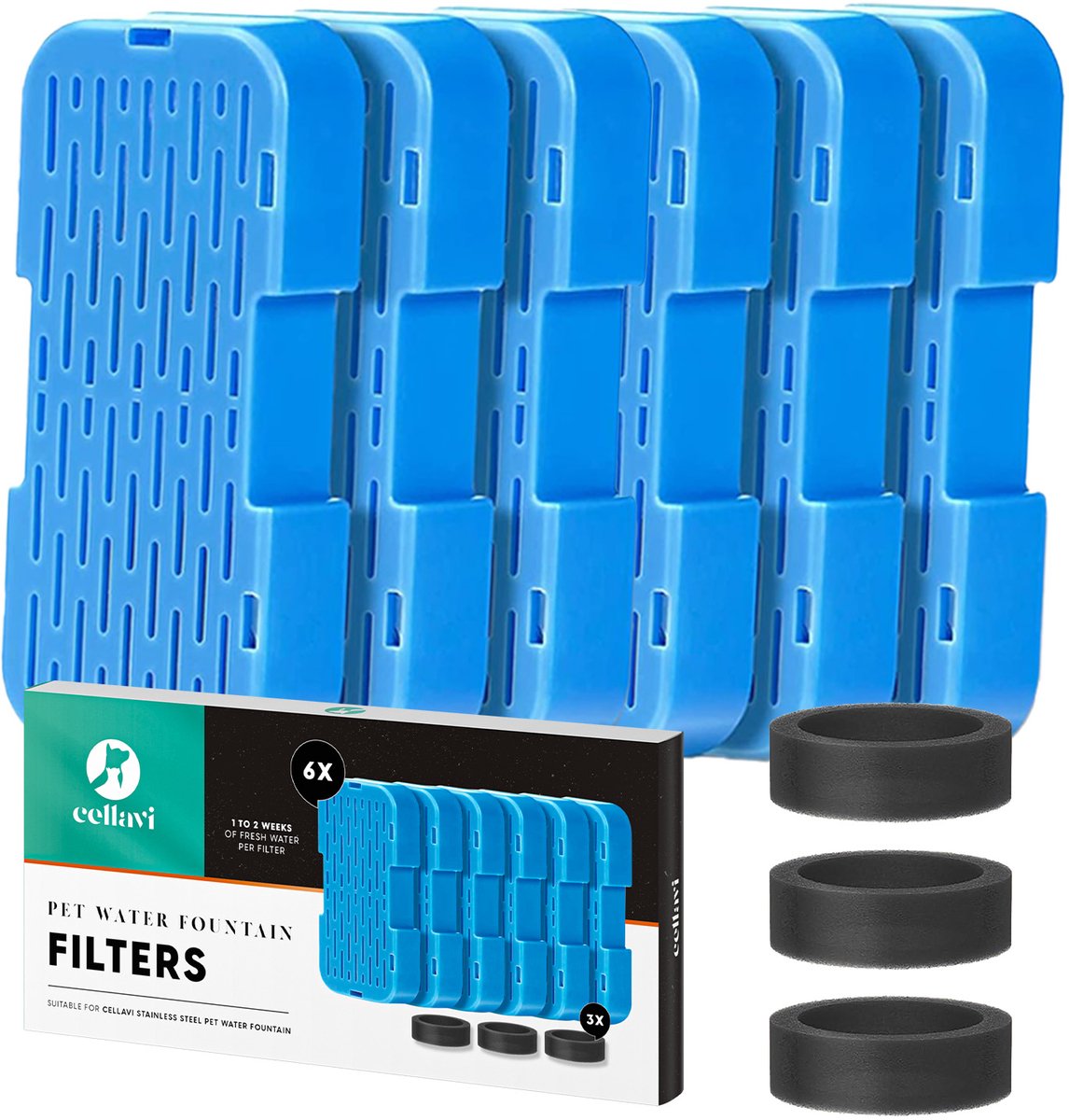 Blauwe filters voor huisdieren drinkfontein met schuimringen