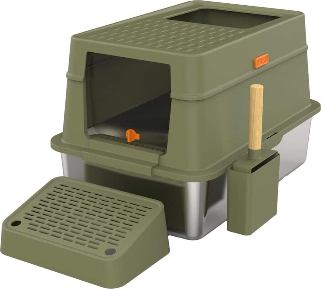 Kattenbak met ingang, schep en rooster.