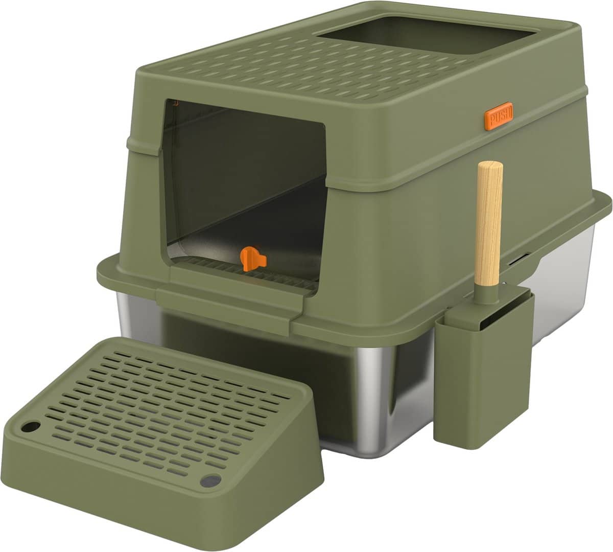 Kattenbak met ingang, schep en rooster.