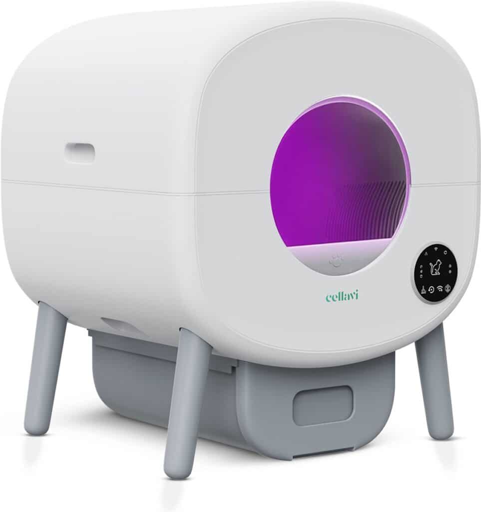 Bac à litière automatique avec éclairage intérieur violet.