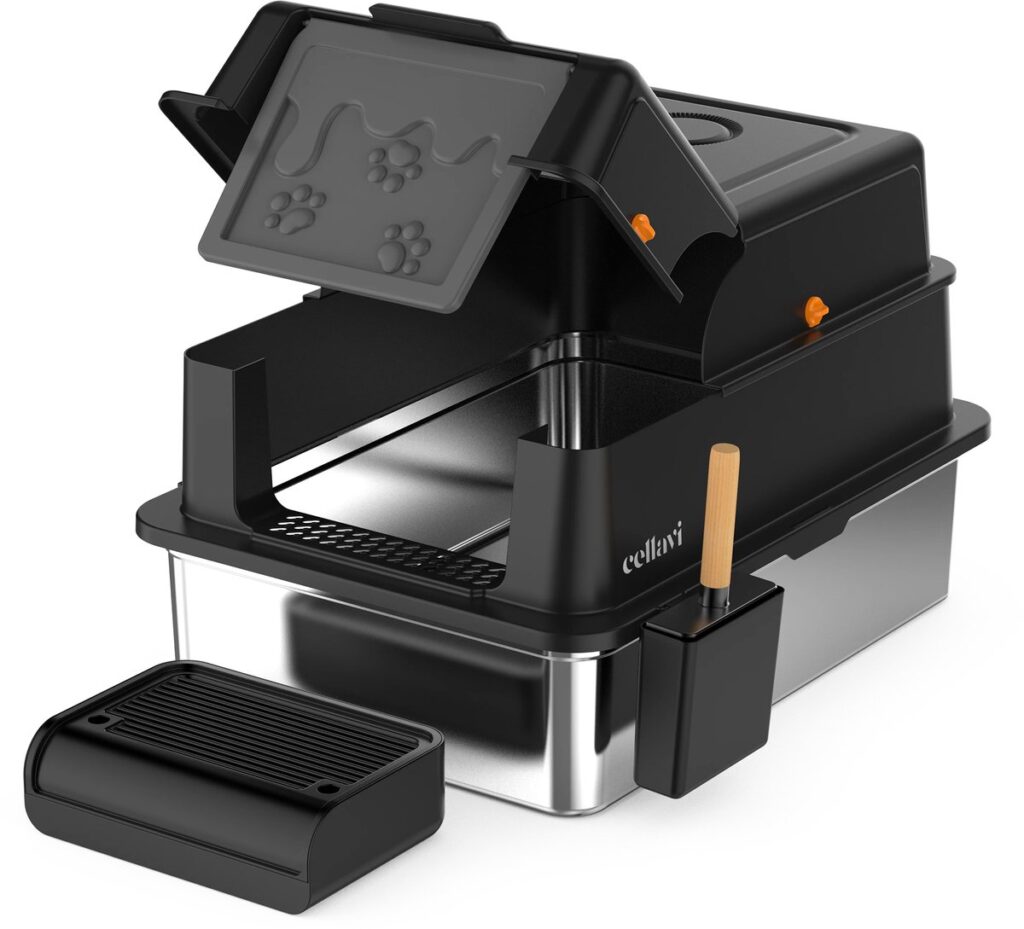 Zwarte kattenbak met kap en kattenluik