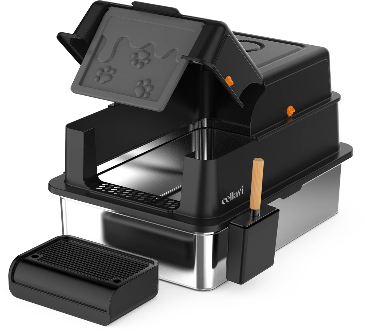 Zwarte kattenbak met kap en kattenluik