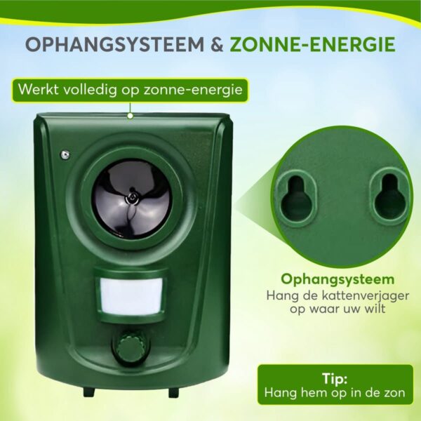 Solar kattenverjager met ophangsysteem, groen apparaat.