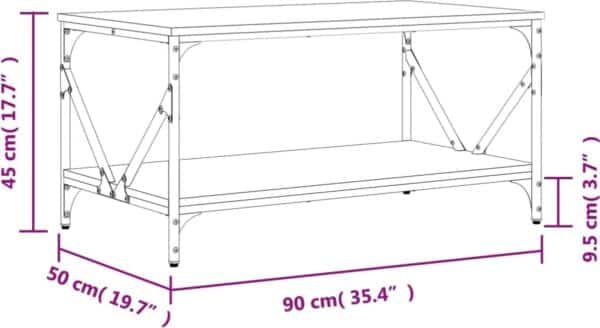 Afmetingen van tafel: 90x50x45 cm, 9,5 cm plankhoogte.