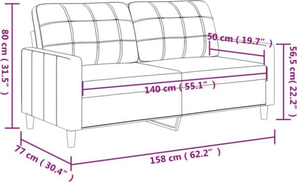 Schematische tweezitsbank met afmetingen in centimeters.