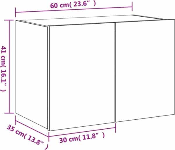 Dimensionering van rechthoekige kast met maten in centimeters.