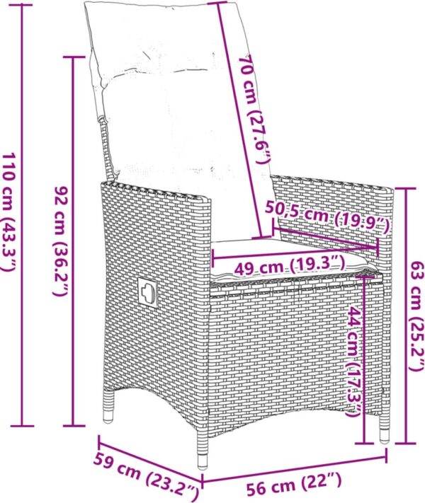 Afmetingen van een wicker tuinstoel met armleuning.