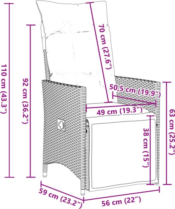 Afmetingen rieten stoel met kussen in centimeters en inches.