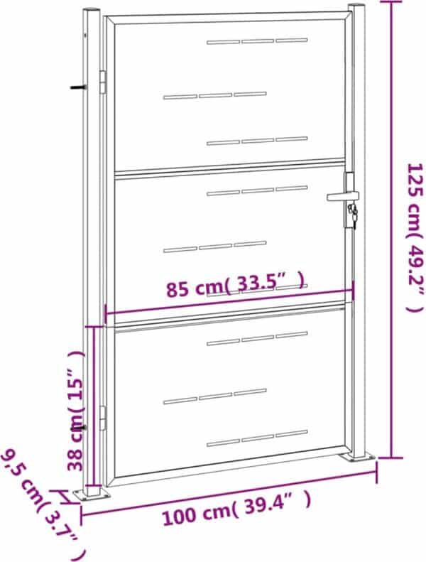 Tuinhek met afmetingen in centimeters en inches.