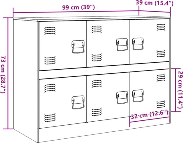 Afmetingen metalen kast met zes deurtjes.