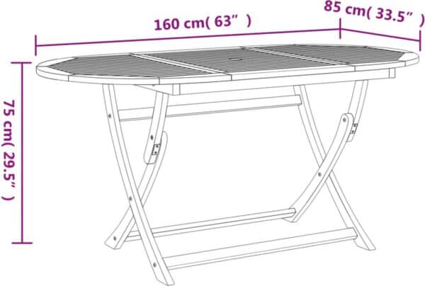 Afmetingen opvouwbare ovale tafel, lengte 160 cm, breedte 85 cm.