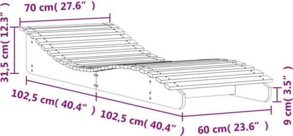 Houten loungebank met afmetingen in centimeters en inches.