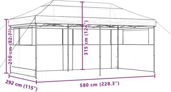 Grote partytent met afmetingen in centimeters en inches.